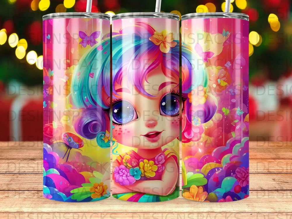 Colorful cartoon girl with bright eyes and vibrant hair on a tumbler.