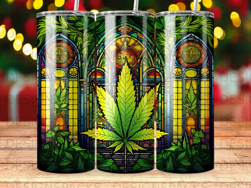 Stained glass tumbler with cannabis leaf and floral accents.