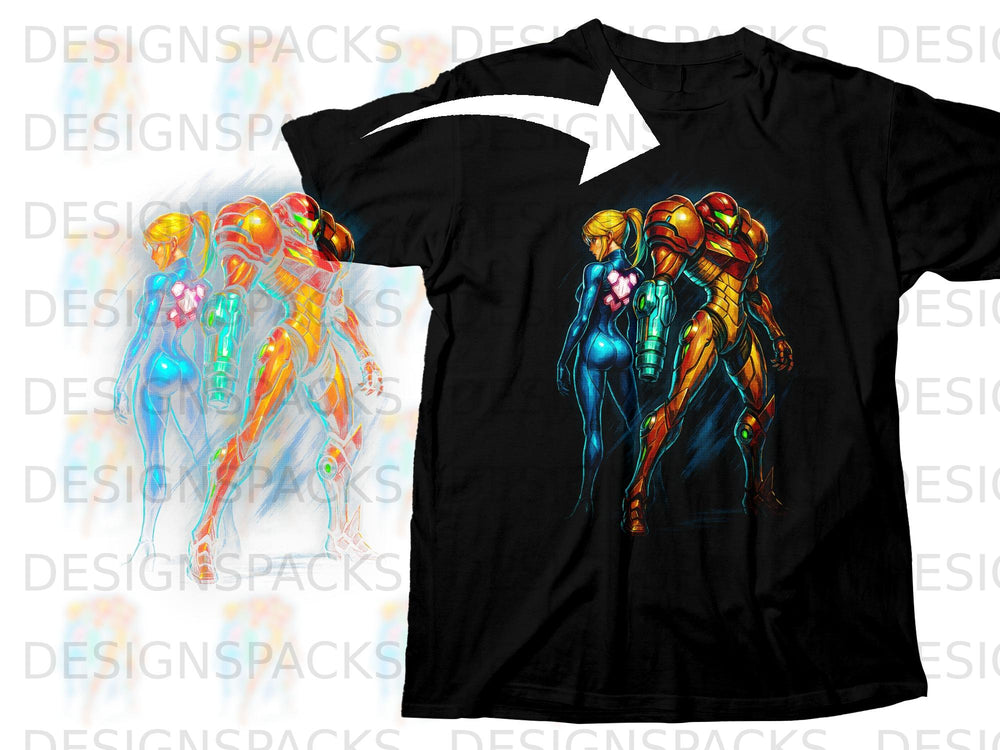Samus Aran in blue and orange suits, with a third ethereal suit visible.
