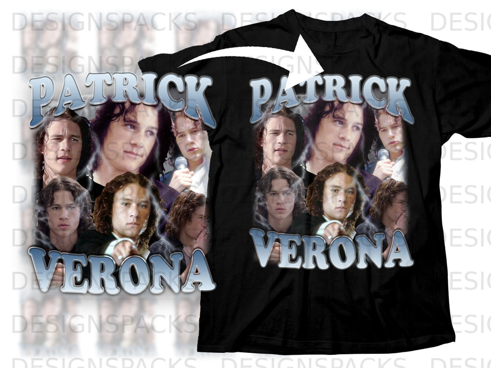 Black t-shirt with "PATRICK VERONA" and multiple images of Heath Ledger.