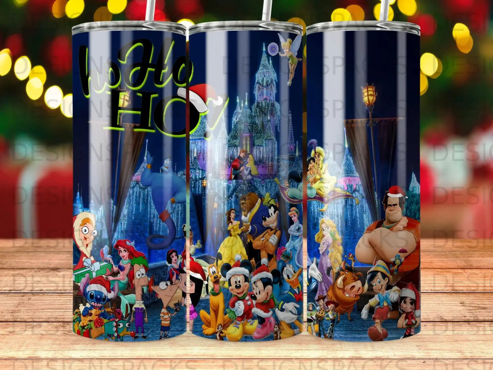 Disney characters celebrate Christmas in front of Cinderella Castle.