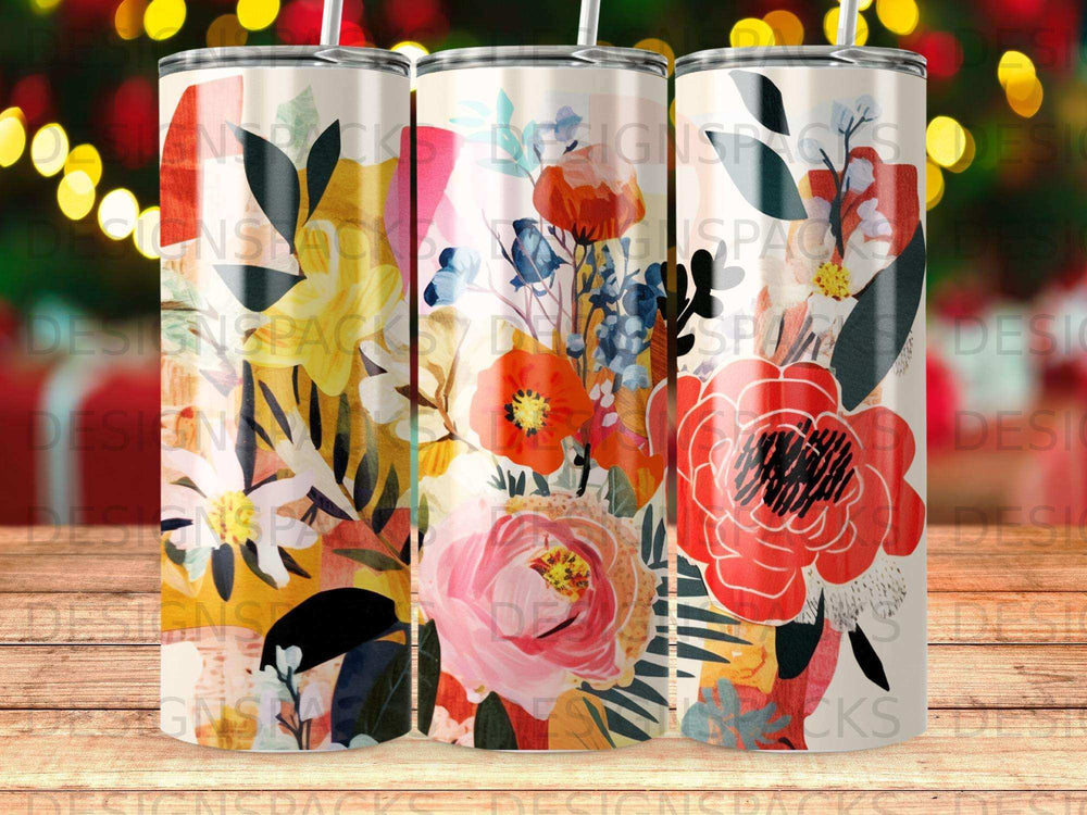 Floral tumbler with pink roses and red poppies on white background.