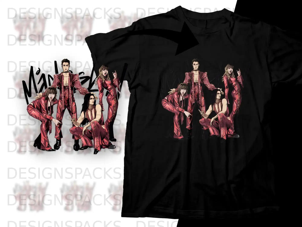 Band members in matching red outfits with black accents, a design for a t-shirt.