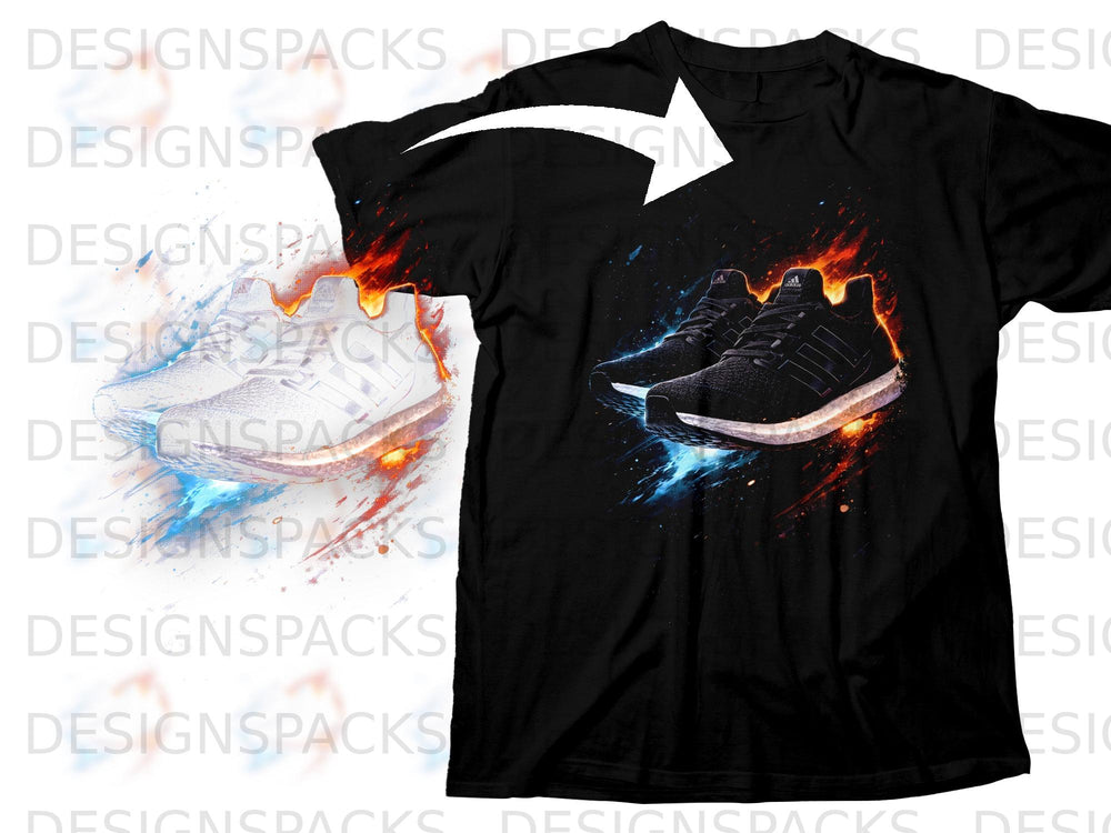 Black t-shirt with a graphic of black Adidas sneakers surrounded by fire and blue energy.