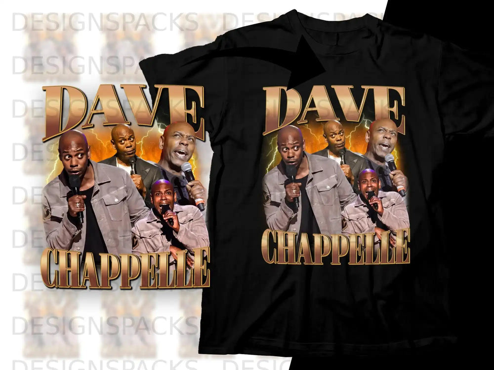 Dave Chappelle on stage with microphone, a black t-shirt graphic.