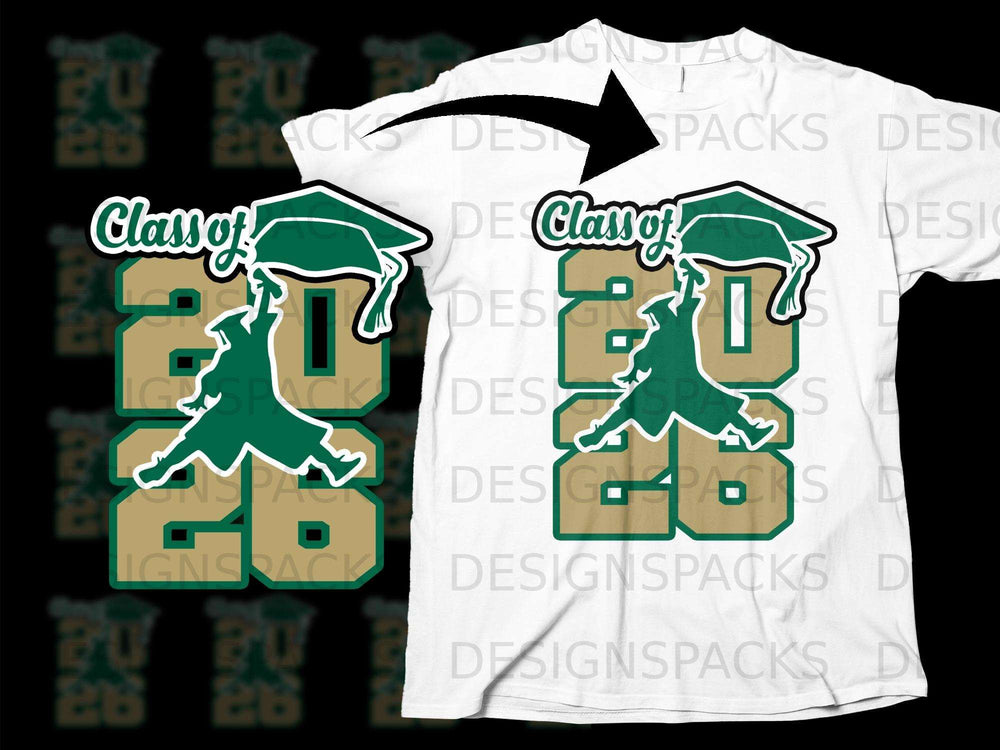 Green and gold "Class of 2026" graphic with graduation cap and figure.
