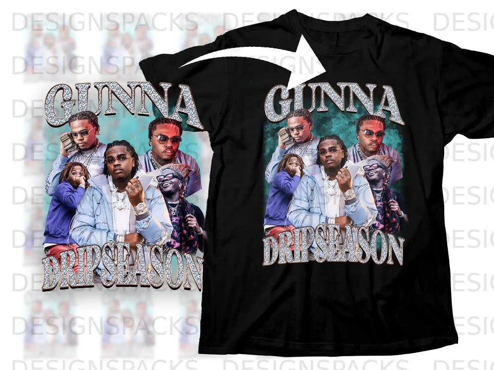 Gunna "Drip Season" graphic tee with portraits of the artist and chain graphics.