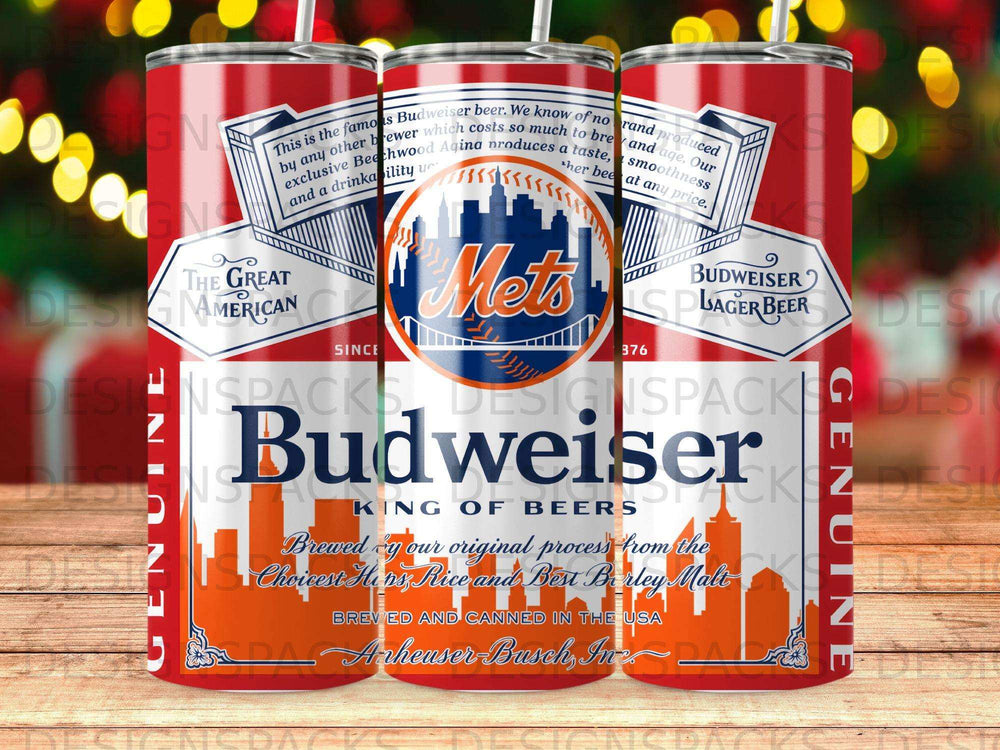 Budweiser beer can featuring the New York Mets logo and text.