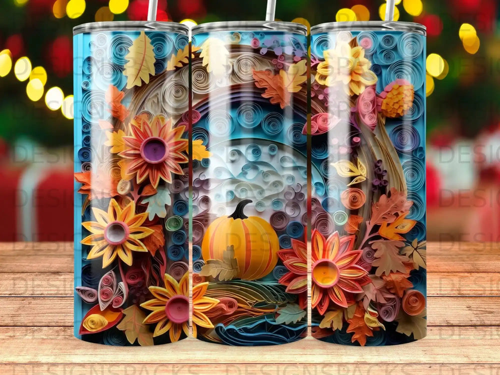 Tumbler with autumn floral and pumpkin design, colorful paper quilling.