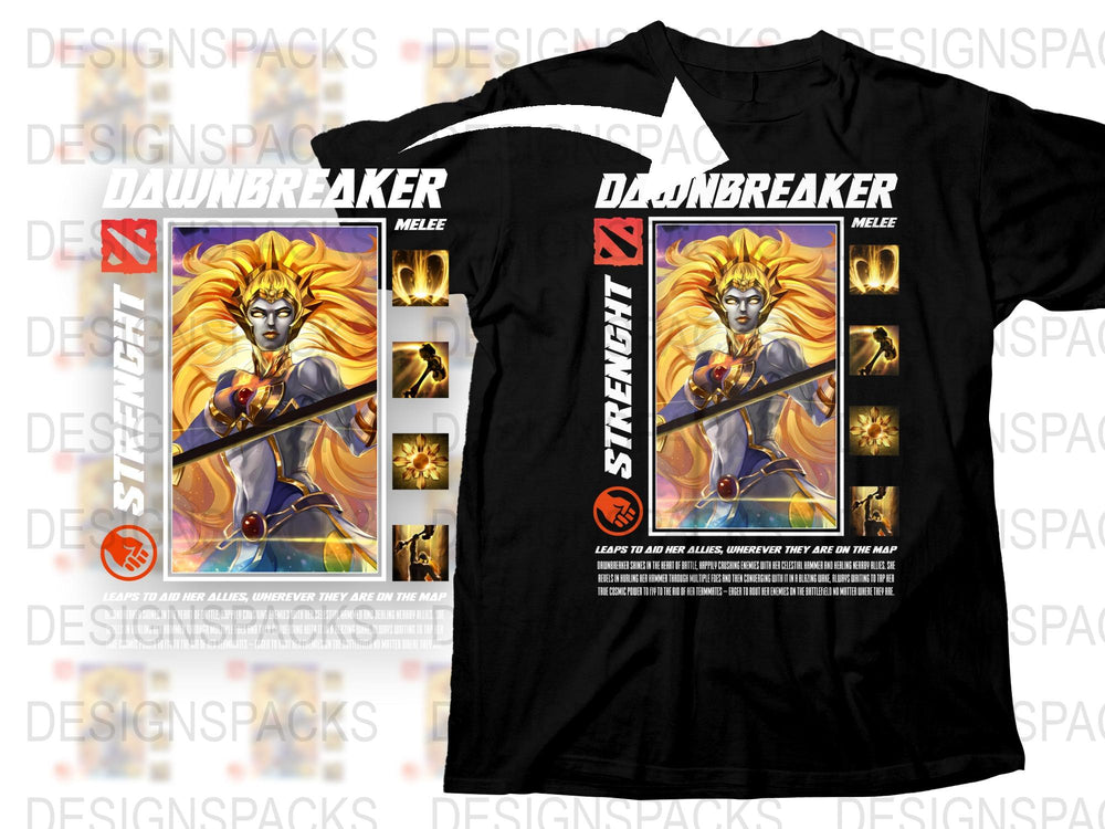 Dawnbreaker Dota 2 Inspired T-Shirt, Graphic Video Game Tee, Gaming Black Shirt with Hero Print, Unisex Apparel for Gamers