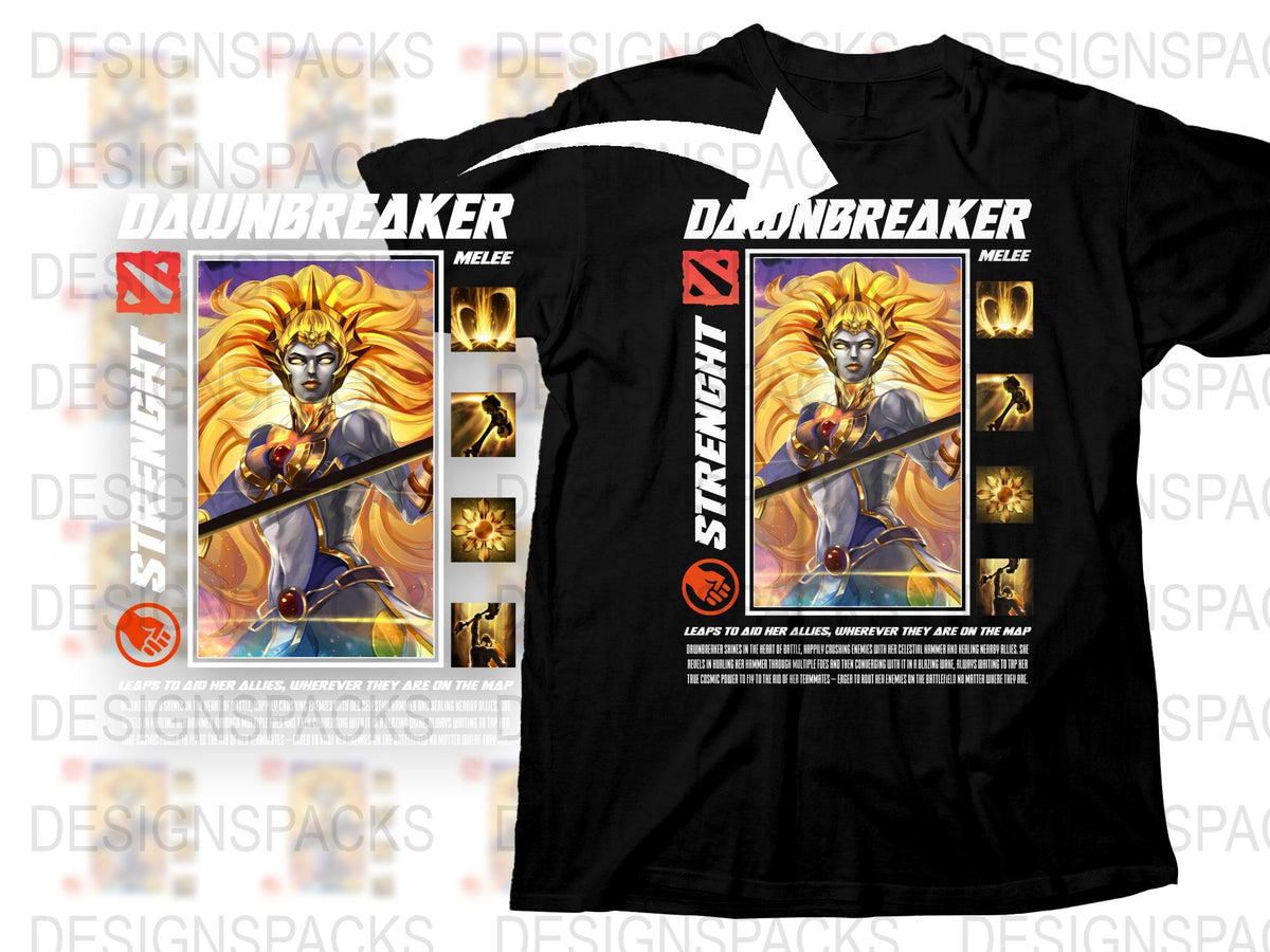 Dawnbreaker Dota 2 Inspired T-Shirt, Graphic Video Game Tee, Gaming Black Shirt with Hero Print, Unisex Apparel for Gamers