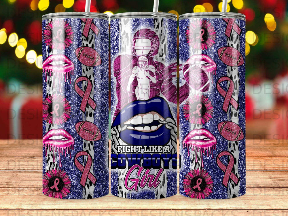 Tumbler with football, lips, pink ribbons, and "Fight Like a Girl" text.