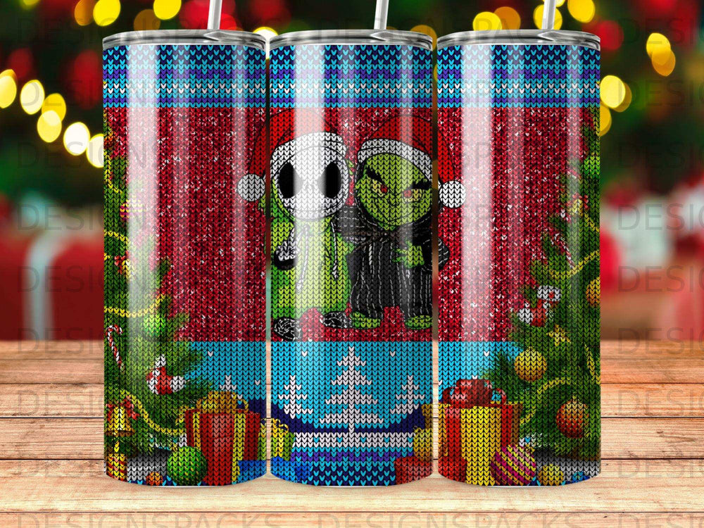 Christmas-themed tumbler with Jack Skellington and Sally characters.