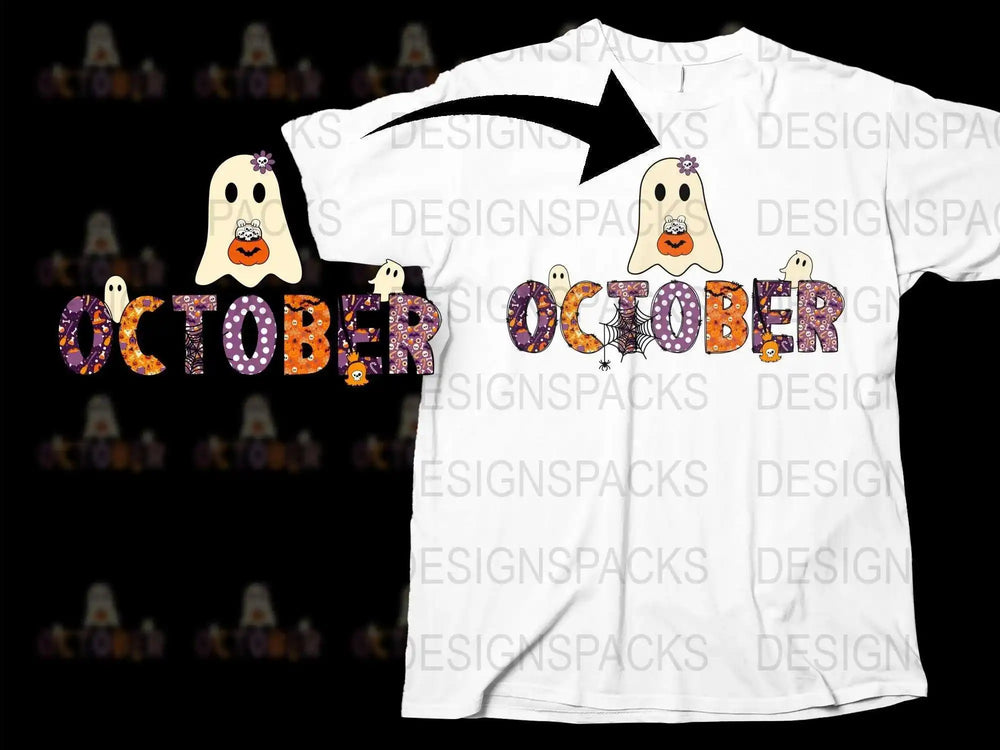 Cute Ghost October T-Shirt, Halloween Spooky Kids and Adults Tee, Holiday Casual Wear, Unique Fall Seasonal Apparel