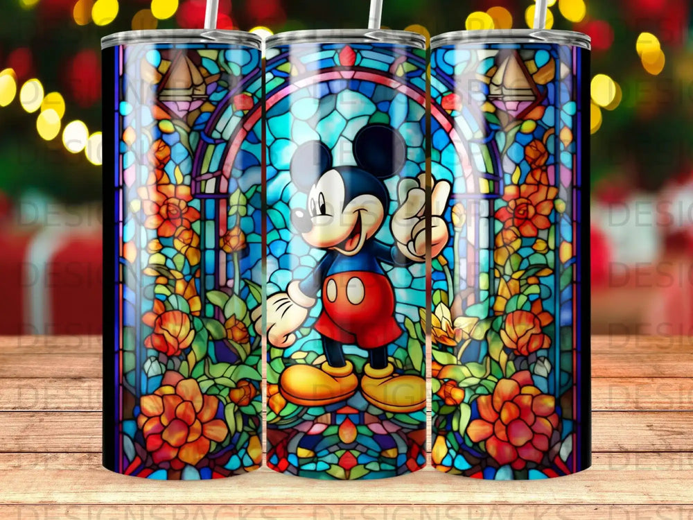 Mickey Mouse in stained glass pattern on a tumbler.
