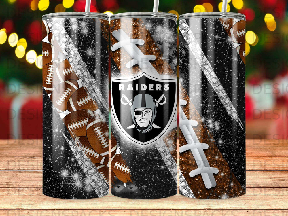 Las Vegas Raiders tumbler with football and glitter design.