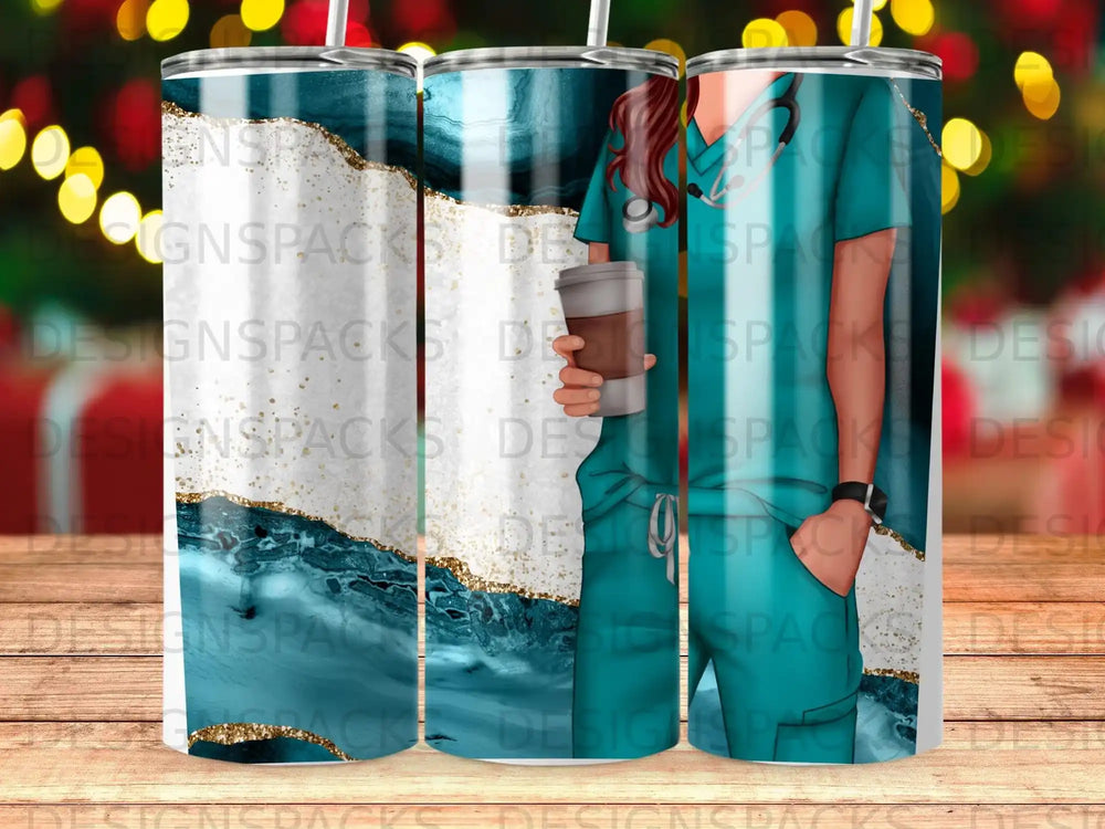 Turquoise marbled tumbler with gold accents and nurse in scrubs holding coffee.