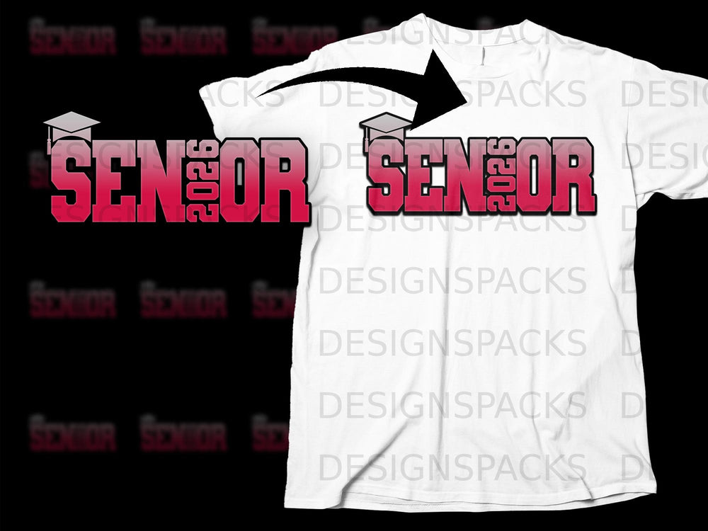 White t-shirt with "SENIOR 2026" graphic and graduation cap.