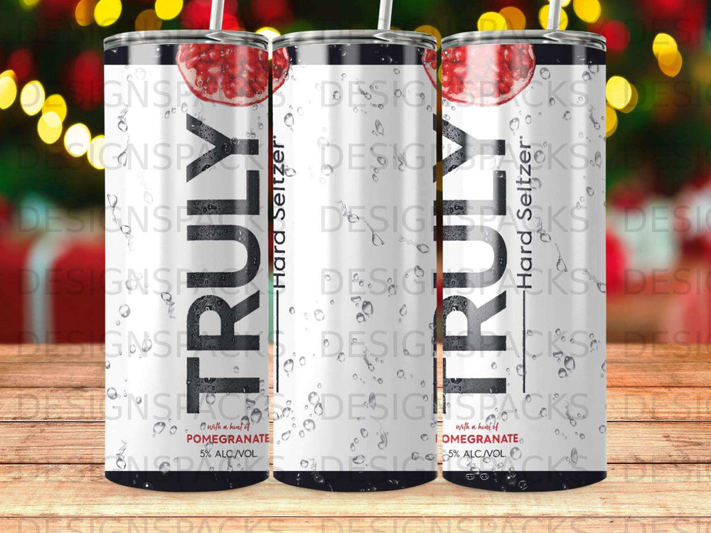 Three Truly Hard Seltzer Pomegranate cans with water droplets.