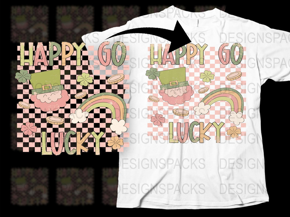 Happy Go Lucky T-Shirt with Rainbow and Flowers, Cute Spring Checkerboard Tee, St. Patrick's Day Casual Shirt