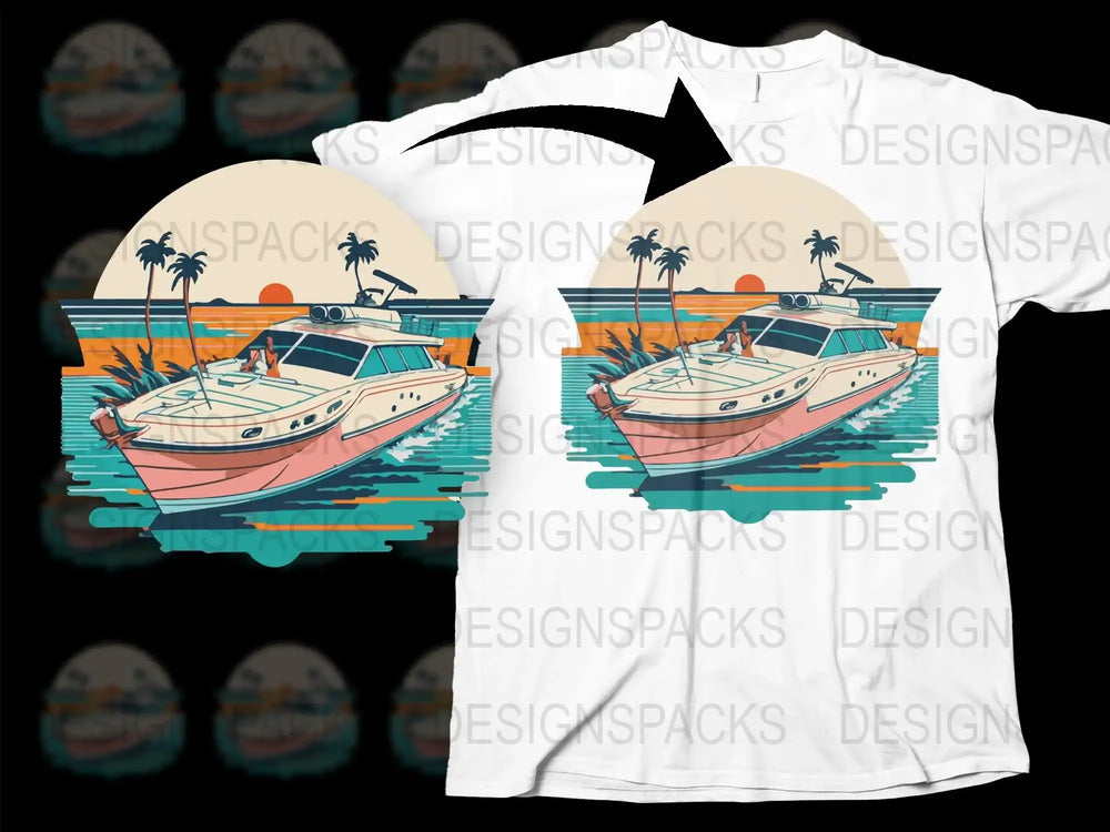 Tropical Yacht Sunset Graphic T-Shirt, Nautical Ocean Scene Tee, Boat and Palm Tree Design, Unisex Summer Fashion Shirt