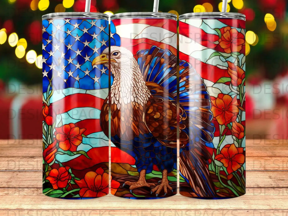 Eagle and American flag design with floral accents on a tumbler.