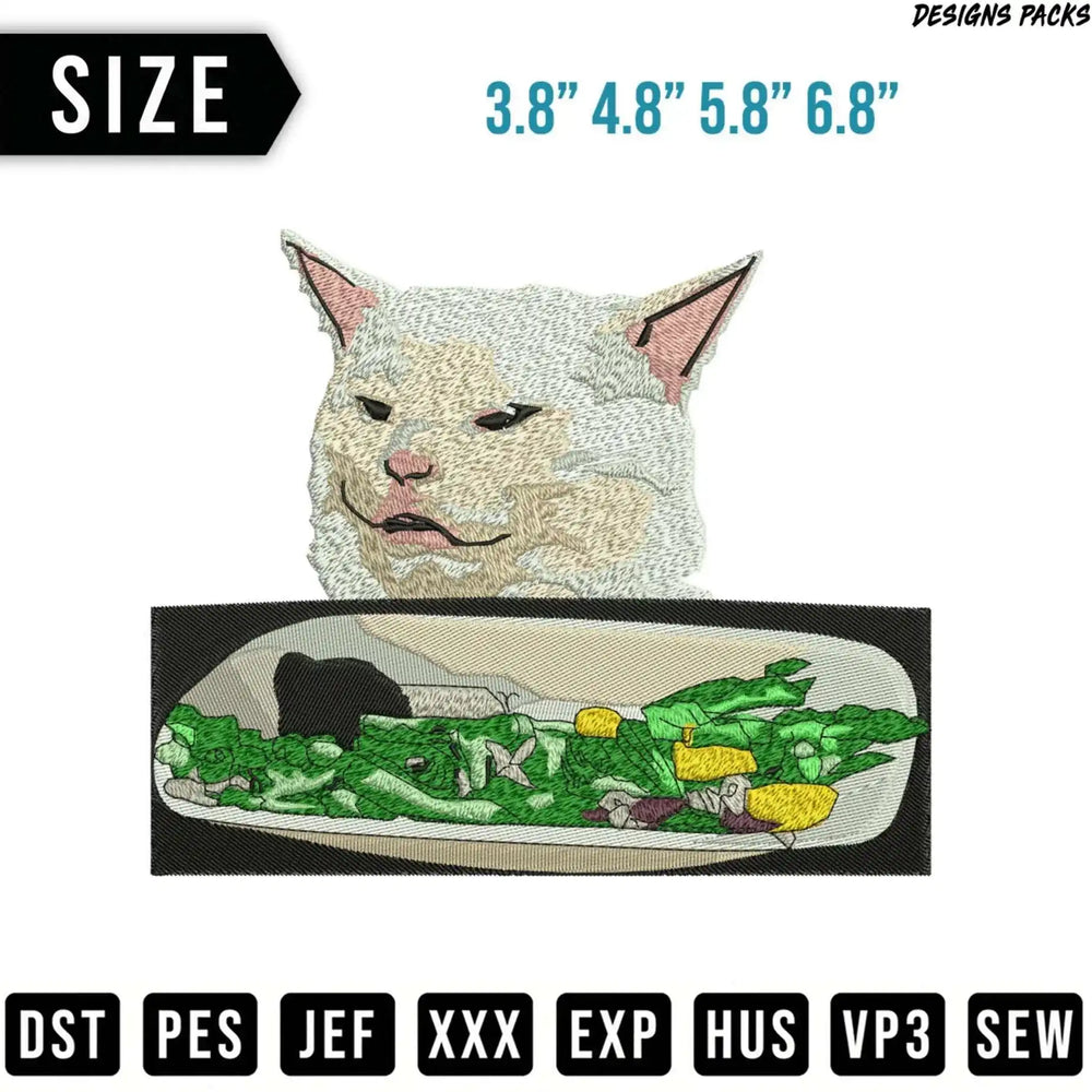 Cat face and food embroidery design with size and file format options.