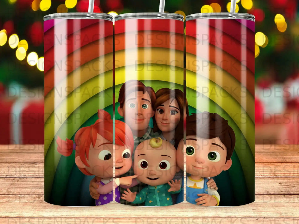 Cocomelon family characters on a rainbow background.