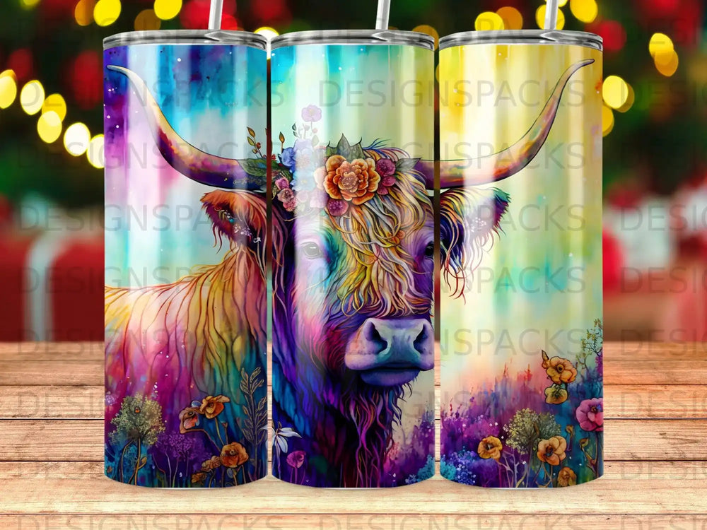 Highland cow with colorful floral accents, abstract background.