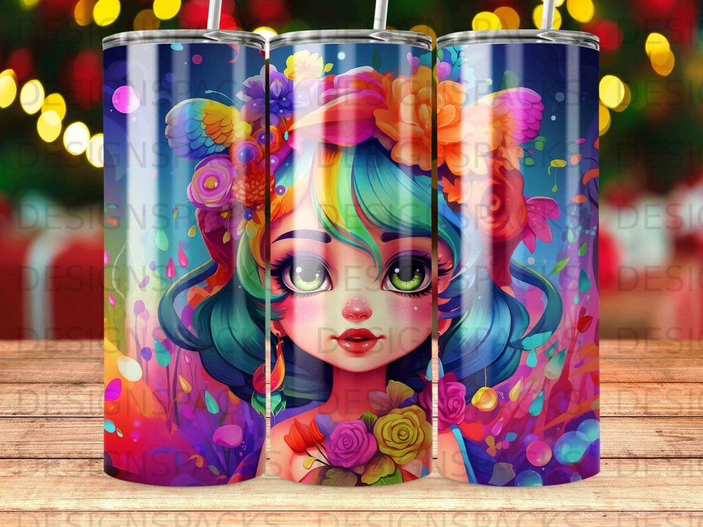 Colorful tumbler with a vibrant anime girl illustration wearing a flower crown.