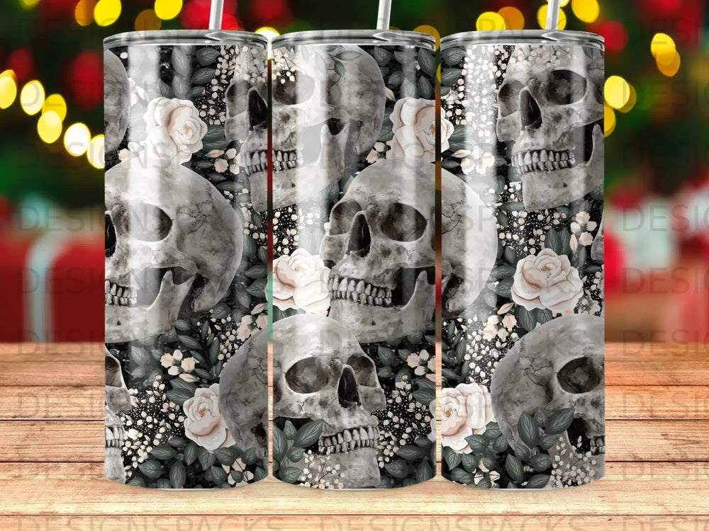 Skulls and white roses on a black floral background, for a tumbler.