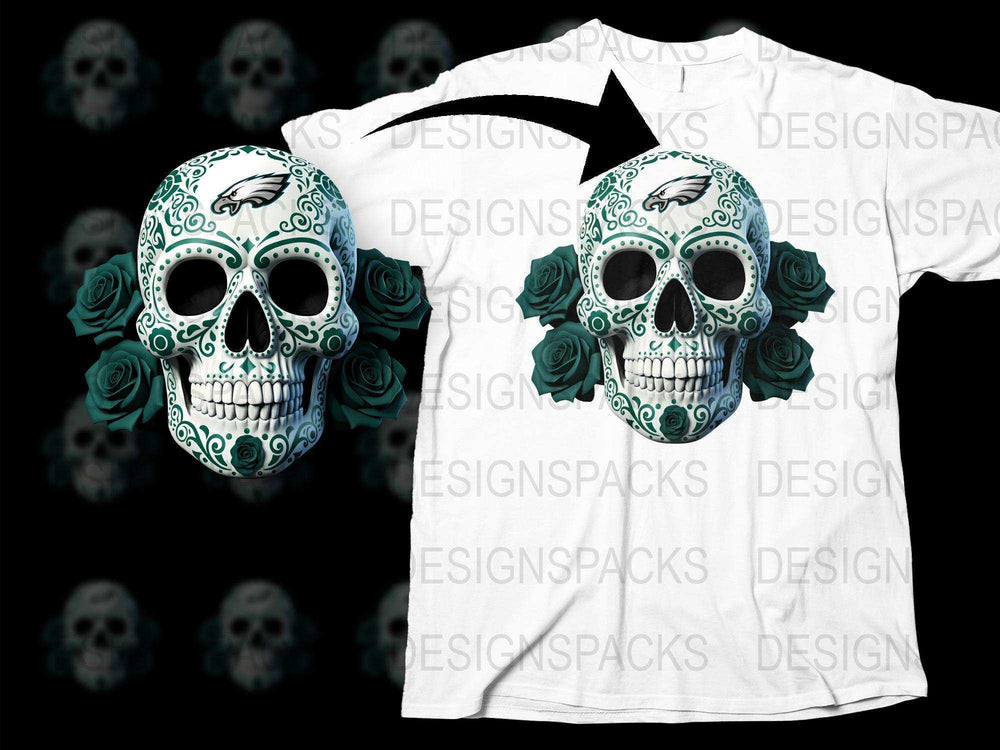 Sugar Skull T-Shirt with Green Roses, Day of the Dead Graphic Tee, Unique Floral Skull Shirt Design, Goth Style Apparel