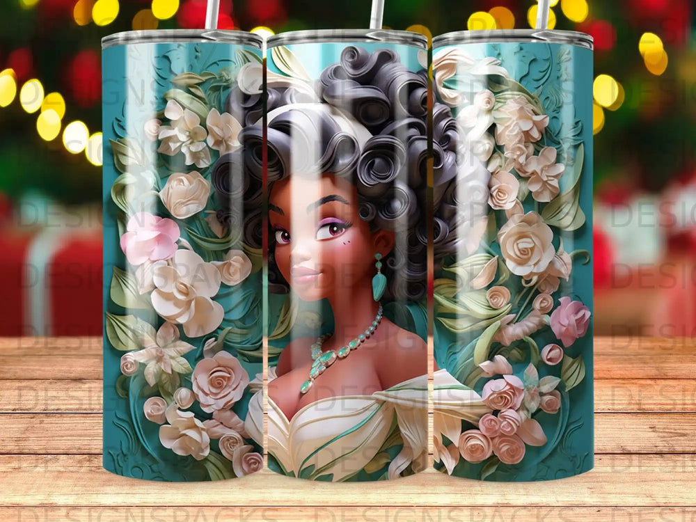 Woman with curly hair adorned with flowers and jewelry.