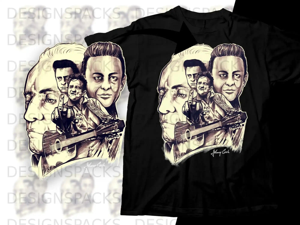 Johnny Cash illustration on black t-shirt, featuring him playing guitar and showing middle finger.