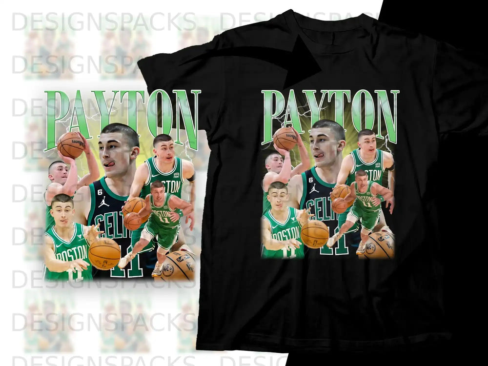 Collage of basketball player Gary Payton in a Celtics uniform on a t-shirt.