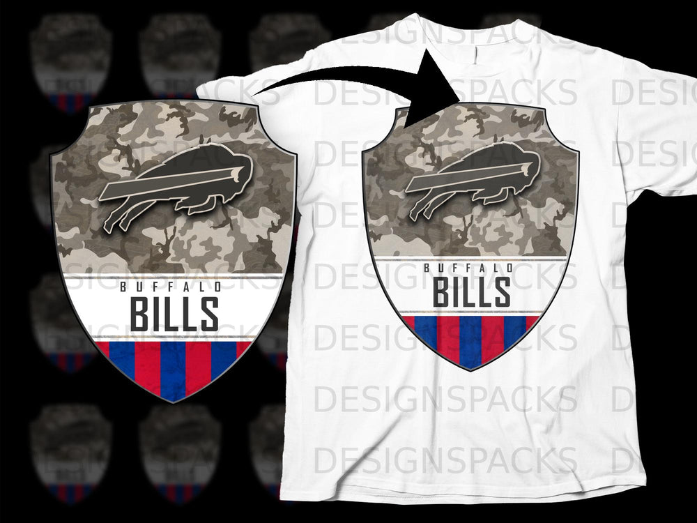 Buffalo Bills shield with camouflage and red and blue stripes on white t-shirt.