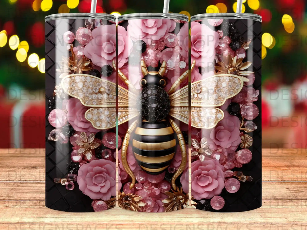 Gold and black bee on floral background with gemstones and pink roses.