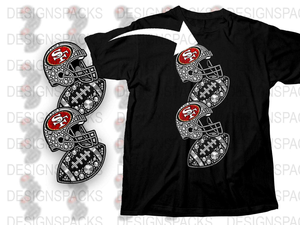 Rhinestone Football T-Shirt, San Francisco Themed Sports Fan Apparel, Black Cotton Tee with Team Logo Design
