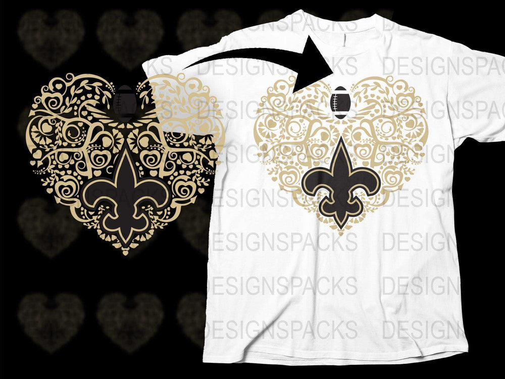 Ornate Fleur-de-Lis Heart Pattern T-Shirt, Elegant Gold and Black Design, Unisex Graphic Tee