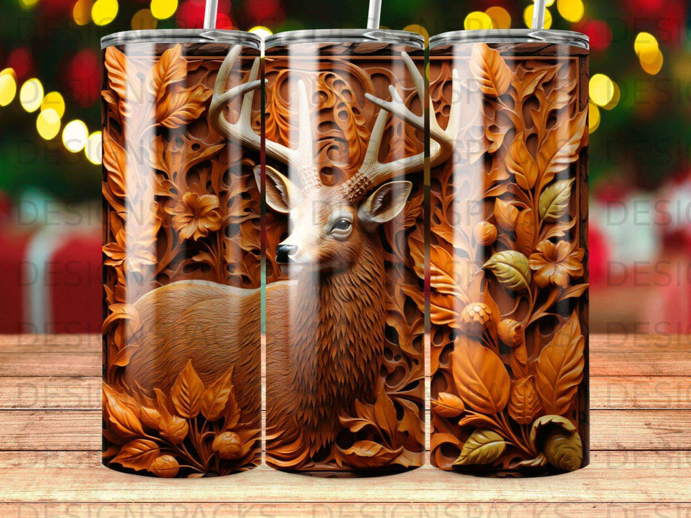 Triptych of a detailed carved deer head with floral and leaf motifs.