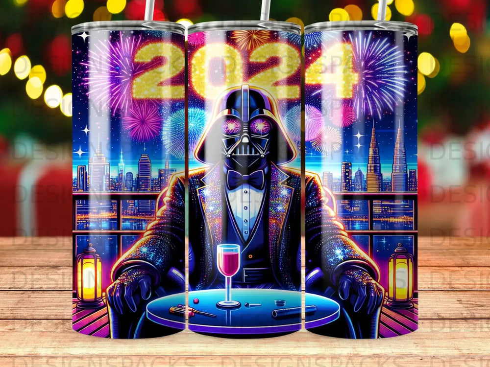 Darth Vader sits at a table in front of a cityscape and fireworks display.