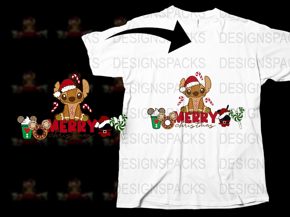 Festive Christmas T-Shirt with Cute Gingerbread Man and Coffee Cups Print, Holiday Casual Wear