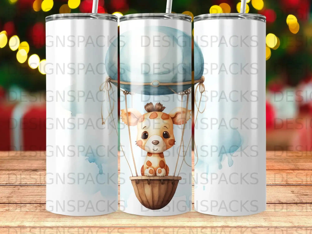 Giraffe in hot air balloon with watercolor clouds and bokeh lights.