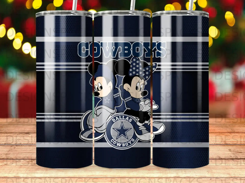 Dallas Cowboys Mickey and Minnie Mouse on a navy blue tumbler.