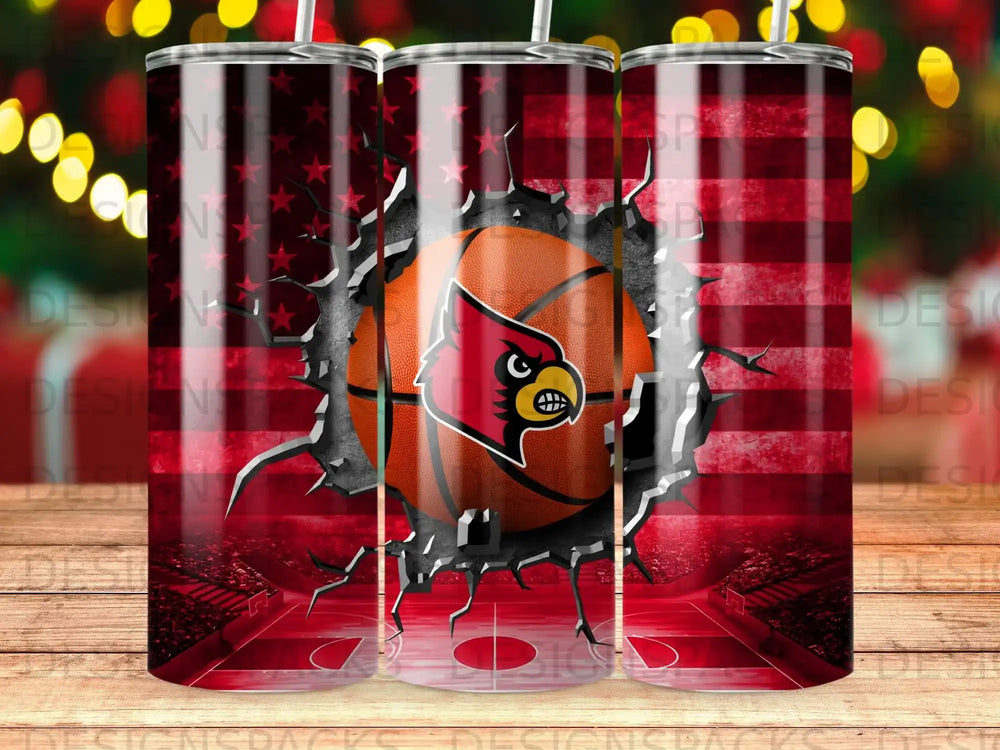 Basketball with cardinal logo bursting through American flag on basketball court.