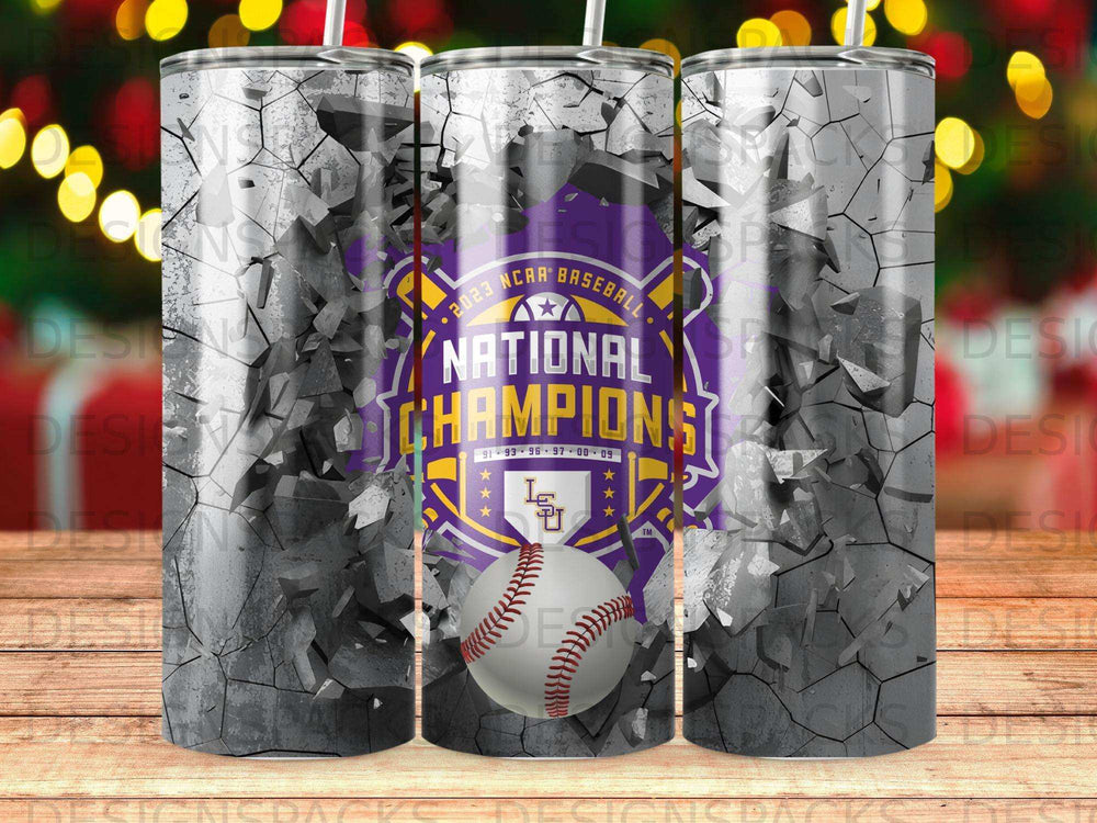 2023 NCAA Baseball National Champions tumbler with cracked stone background.