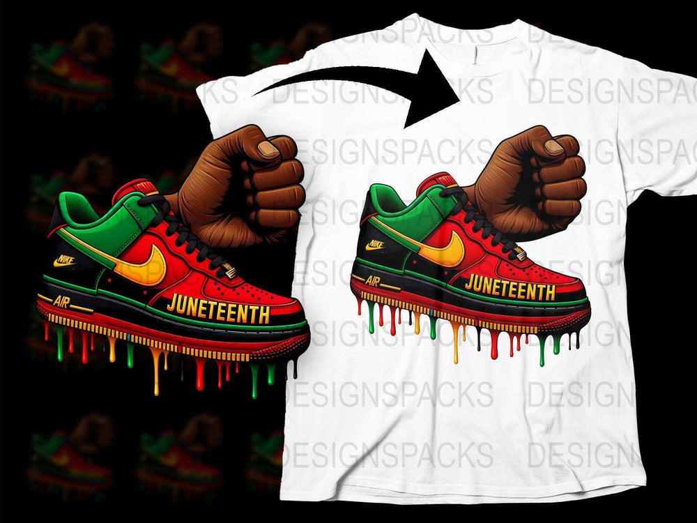 Juneteenth Celebration T-Shirt, Colorful Dripping Sneaker Design, Vibrant Red and Green, Unisex Fashion Tee