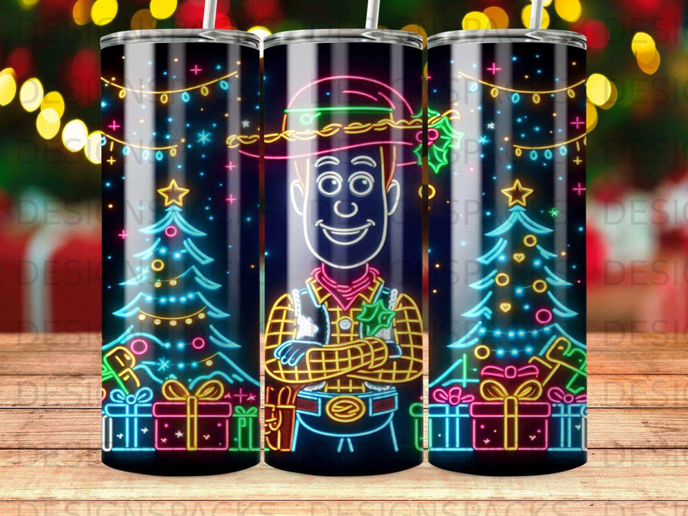 Neon Woody character with Christmas trees, gifts, and festive lights.