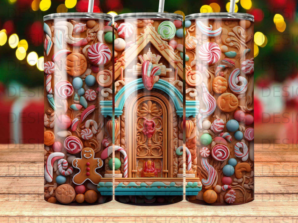 Gingerbread house with candy decorations on a tumbler.