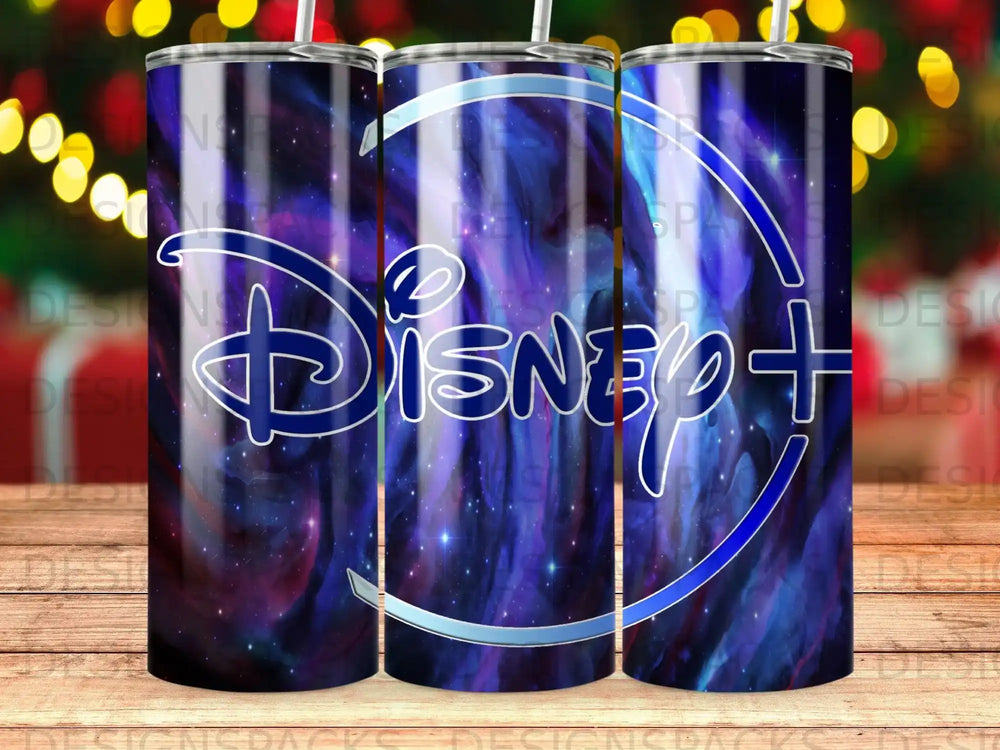 Disney+ logo on a starry galaxy tumbler.